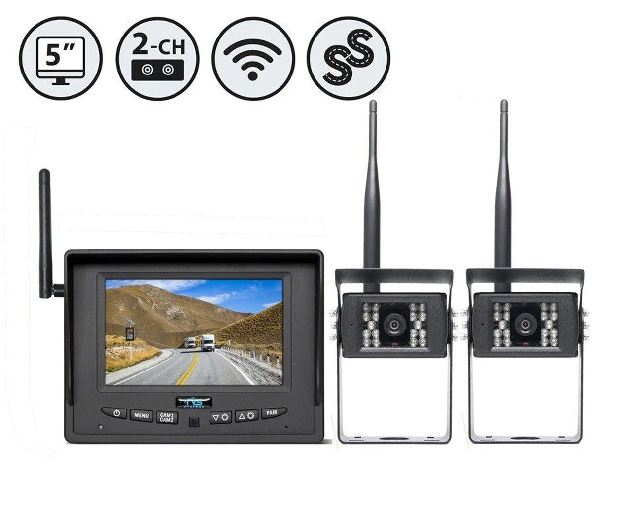 Rear View Safety 5" Wireless Display (2 Ch.), 2 x Wireless Backup Camera, Suction Cup Mount
