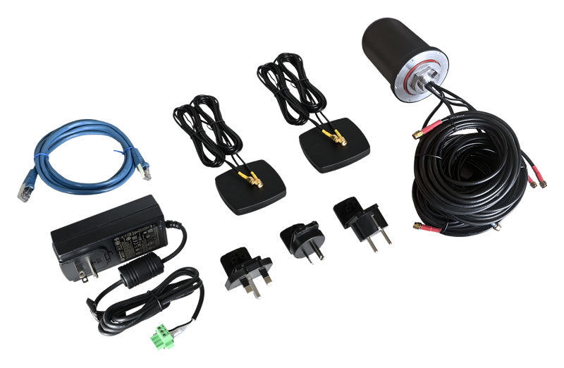 TX54-A152 5G accessory kit to aid in initial evaluation. Contains: AC/DC Power Supply, 12Vdc; US, EU, UK, AUS Plugs; Ethernet Cable; 5-in-1 Cellular Antenna 5G/4G MIMO 4x4 + GNSS, Dome, 5m cable; 2 Antennas, Wi-Fi 2.4/5.0GHz MIMO 2x2, Patch