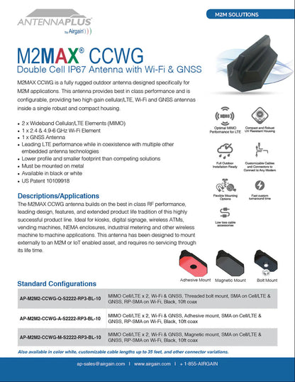 Airgain Antenna Plus Double LTE Antenna 15ft, Black - AP-CCWG-A-S2222-RP3-BL, 2xLTE(SMA), WiFi(RPSMA), GPS(SMA), Bolt Mount